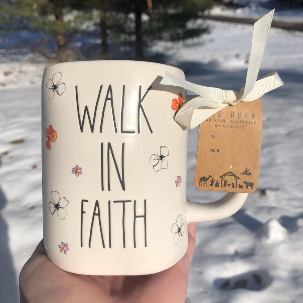 NWT Rae Dunn Religious Mug "Walk In Faith" w/ Flowers Orangey Interior